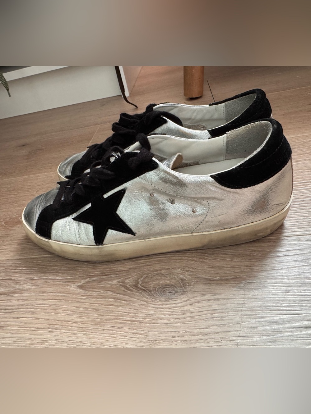 Golden Goose Silver Leather Low-Top Sneakers with Black Star, Size 39